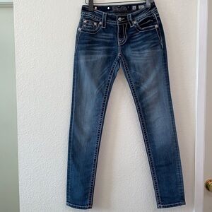 Miss Me Skinny Jeans Dark Wash Distressed Y2K Embellished Denim Slim Fit Size 26